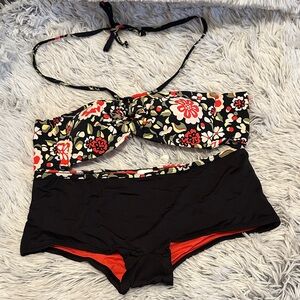 Seven7 Floral Black and Red Bikini Shorts & Bra Top Set